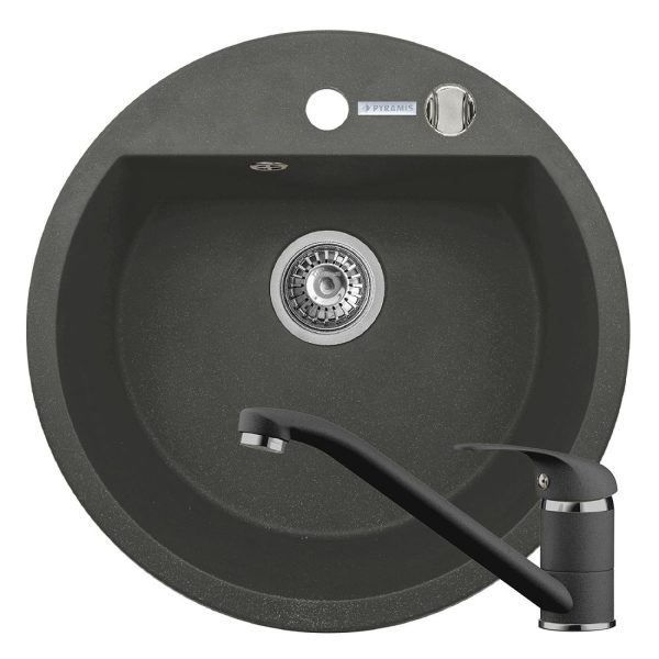 Set chiuveta granit MIDO 1B Ø51 & baterie ASALIA - Black