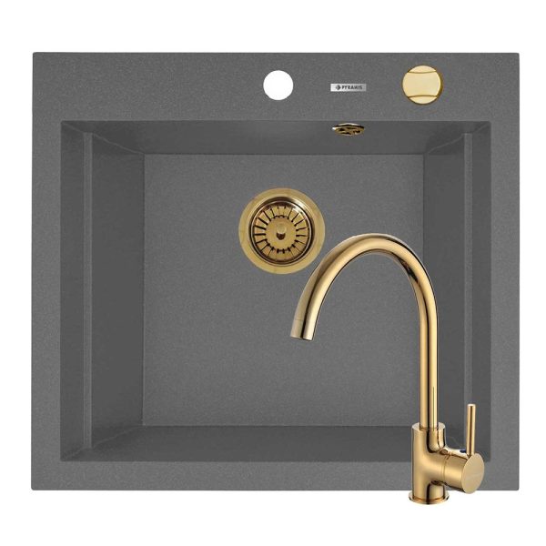 Set chiuveta granit SIROS 57x51,5 1B Grey si baterie ECO BELLO Gold