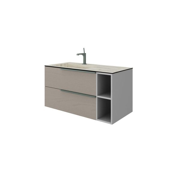 Savini Due Oikos Baza suspendata cu 2 sertare 80 cm, extensie frontala si lavoar din HPL ROVERE GHIACCIO 101 cm, cuva stanga, culoare pietra