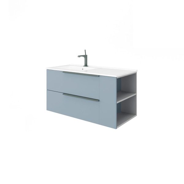 Savini Due Oikos Baza suspendata cu 2 sertare 80 cm, extensie laterala si lavoar ceramic 101 cm, cuva stanga, culoare blu pastello opaco
