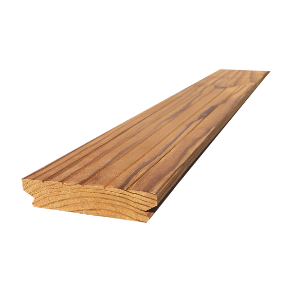 Lambriu pin termotratat 21x100x2000 mm, imbinat in dinti, finisaj striații rare, montaj cu profil conector
