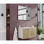Savini Due Virginia set mobilier rovere oro-alb 80 cm cu 2 usi, lavoar ceramic 80 cm si oglinda reversibila 80x60 cm cu lampa Led