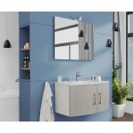 Savini Due Virginia set mobilier legno nordico-alb 80 cm cu 2 usi, lavoar ceramic 80 cm si oglinda reversibila 80x60 cm cu lampa Led