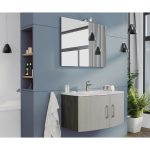 Savini Due Virginia set mobilier legno nordico-rovere scuro 80 cm cu 2 usi, lavoar ceramic 80 cm si oglinda reversibila 80x60 cm cu lampa Led