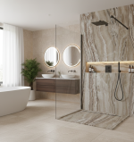3D Marble Brown Travertine cadita dus 70x100 cm, compozit, sifon inclus - imagine 5