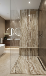 3D Marble Brown Travertine cadita dus 70x100 cm, compozit, sifon inclus - imagine 3