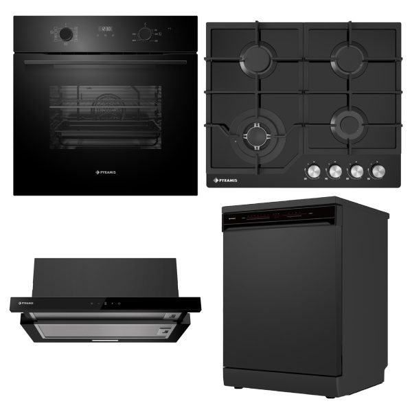Set Pyramis 20P.26, cuptor electric incorporabil, plita gaz, hota telescopica si masina de spalat vase