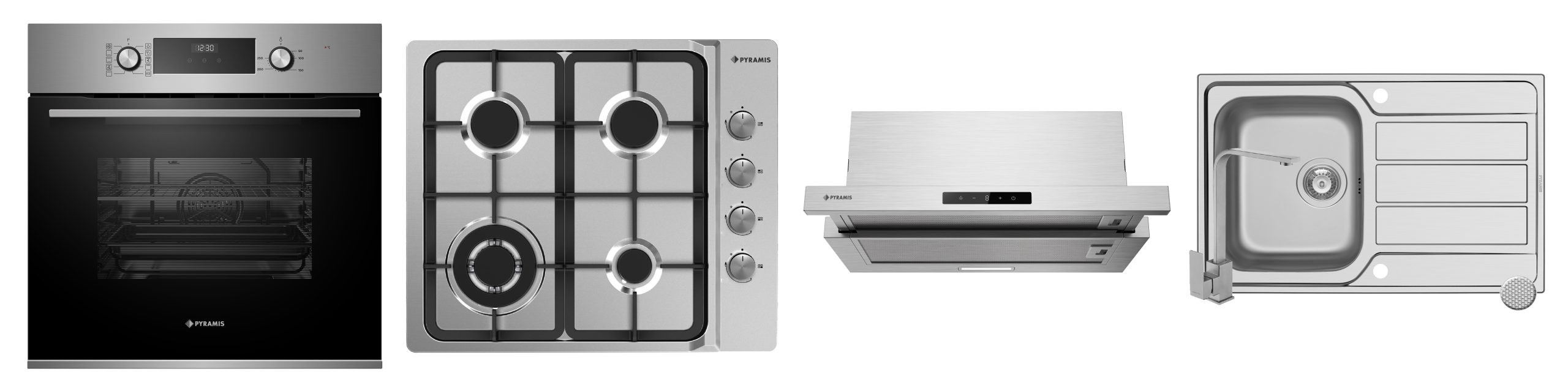 202600024 Set Pyramis 25P.26, cuptor electric incorporabil, plita gaz, hota telescopica, chiuveta de inox si baterie - imagine 1